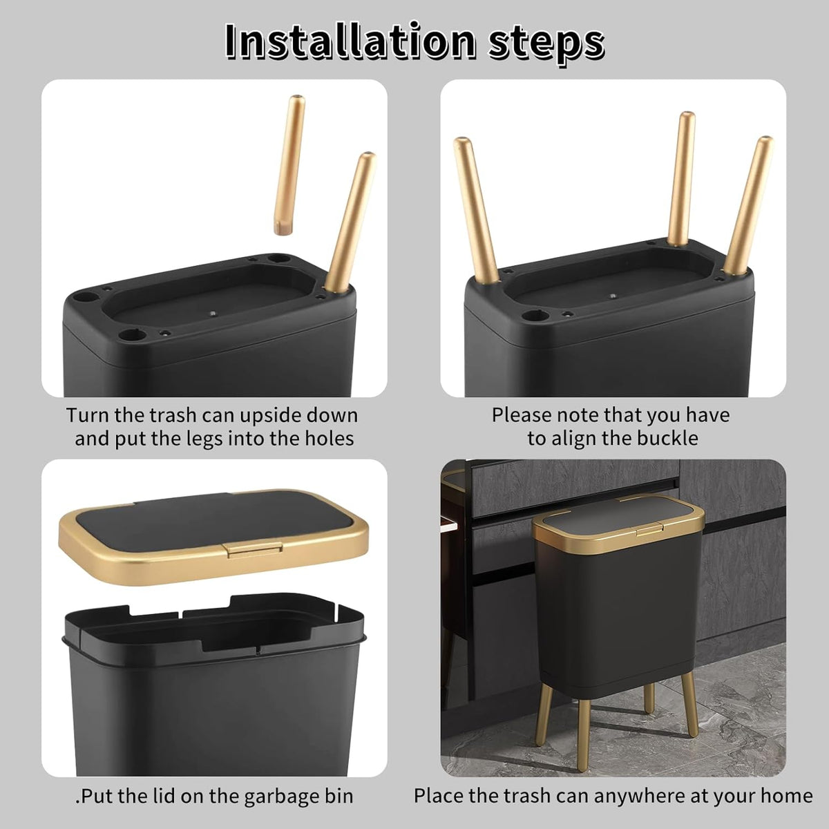 Procade Office Trash Can with Lid, Black Bathroom Trash Can with Gold Edge, Modern Narrow Garbage Can with Legs, Slim Plastic Trash Bin for Bedroom, Living Room,Kitchen,Toilet, 4 Gallon