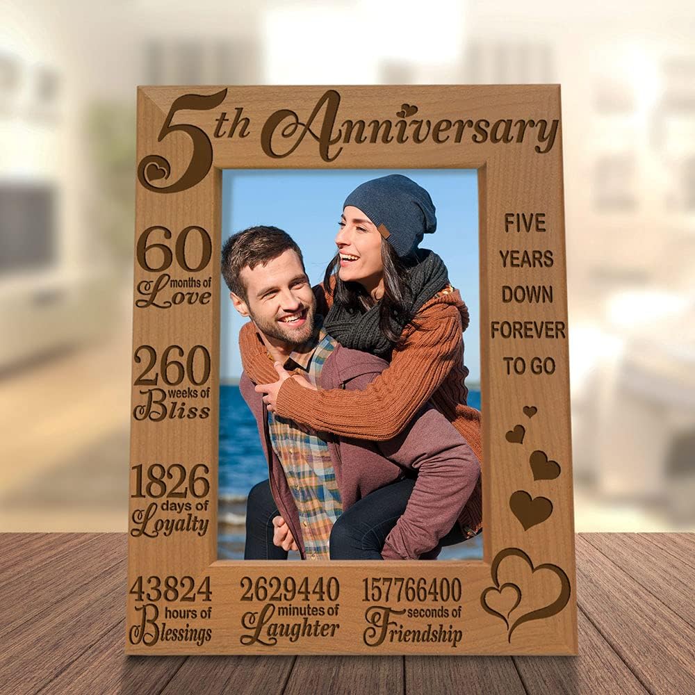KATE POSH 5th Anniversary Engraved Natural Wood Picture Frame and Gifts, 5th Wood Wedding Anniversary (5x7-Vertical)