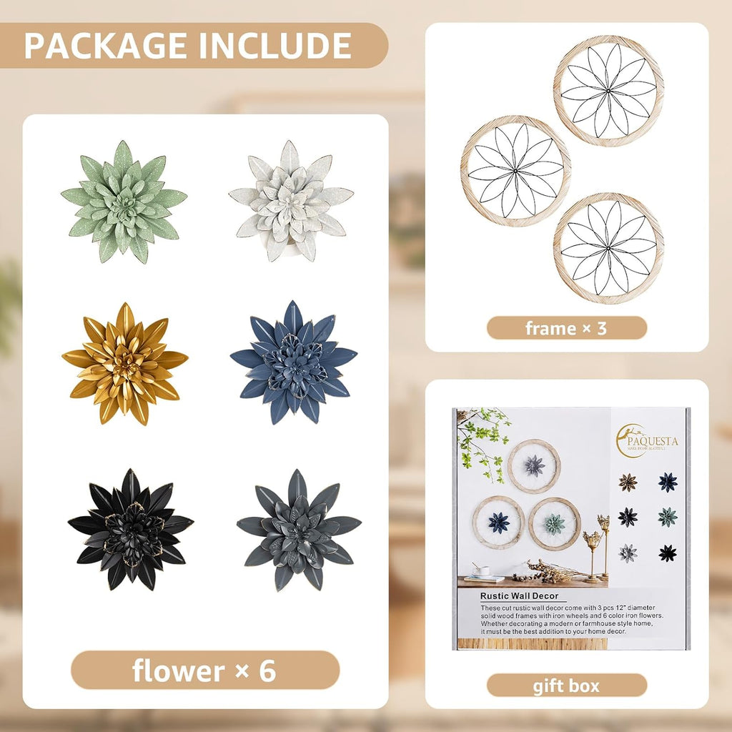 Paquesta 3 Piece Round Farmhouse Wall Decor with 6 Piece Interchangeable Flowers 15.75'' Medallion Wood & Metal Rustic Wall Art for Living Room Bedroom Kitchen Bathroom Dining Room Home Decorations (large black wheel)