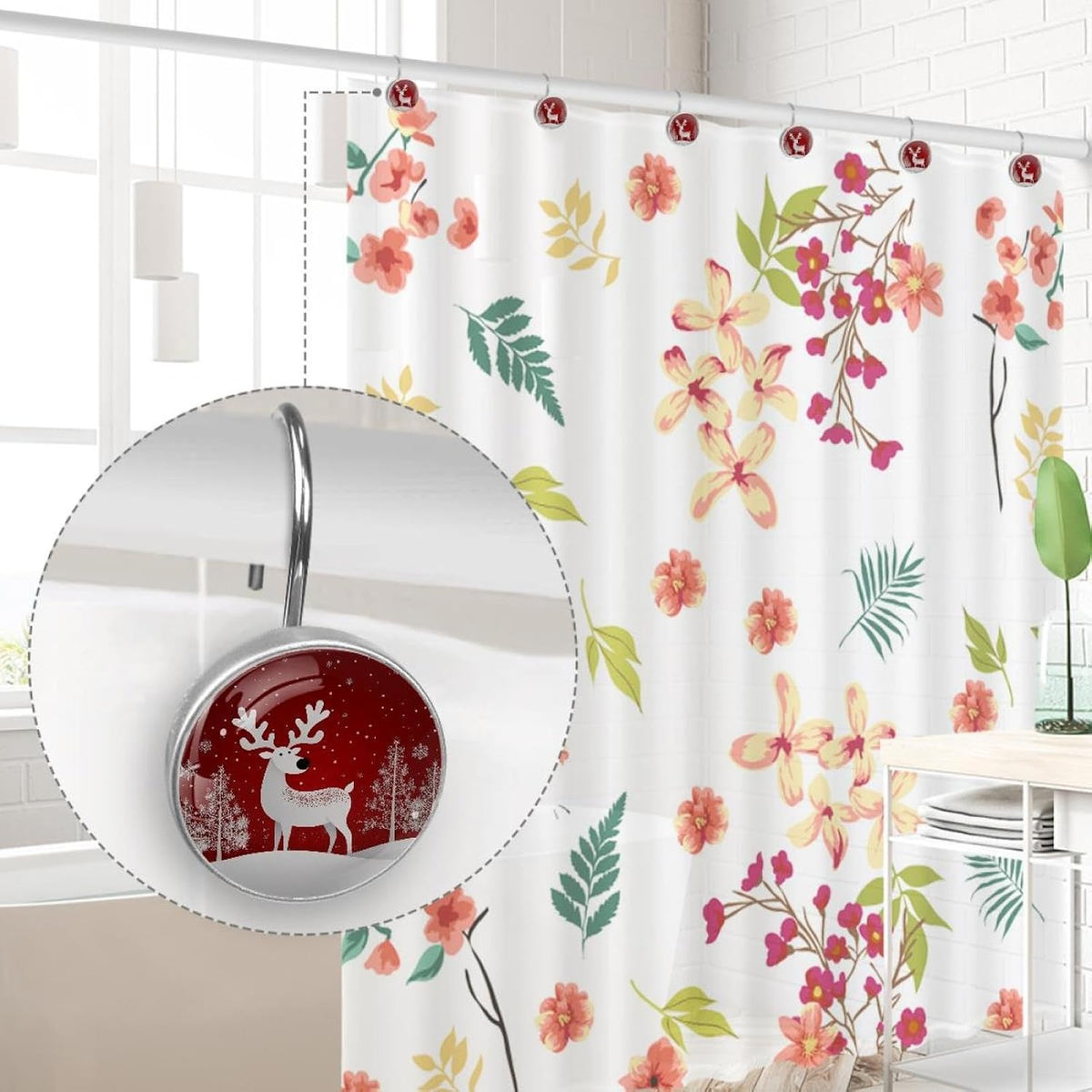 12 PCS Christmas Reindeer Shower Curtain Hooks, Rustproof Stainless Steel Decorative Shower Curtain Rings Hangers for Bathroom Living Room Bedroom Curtains Rods