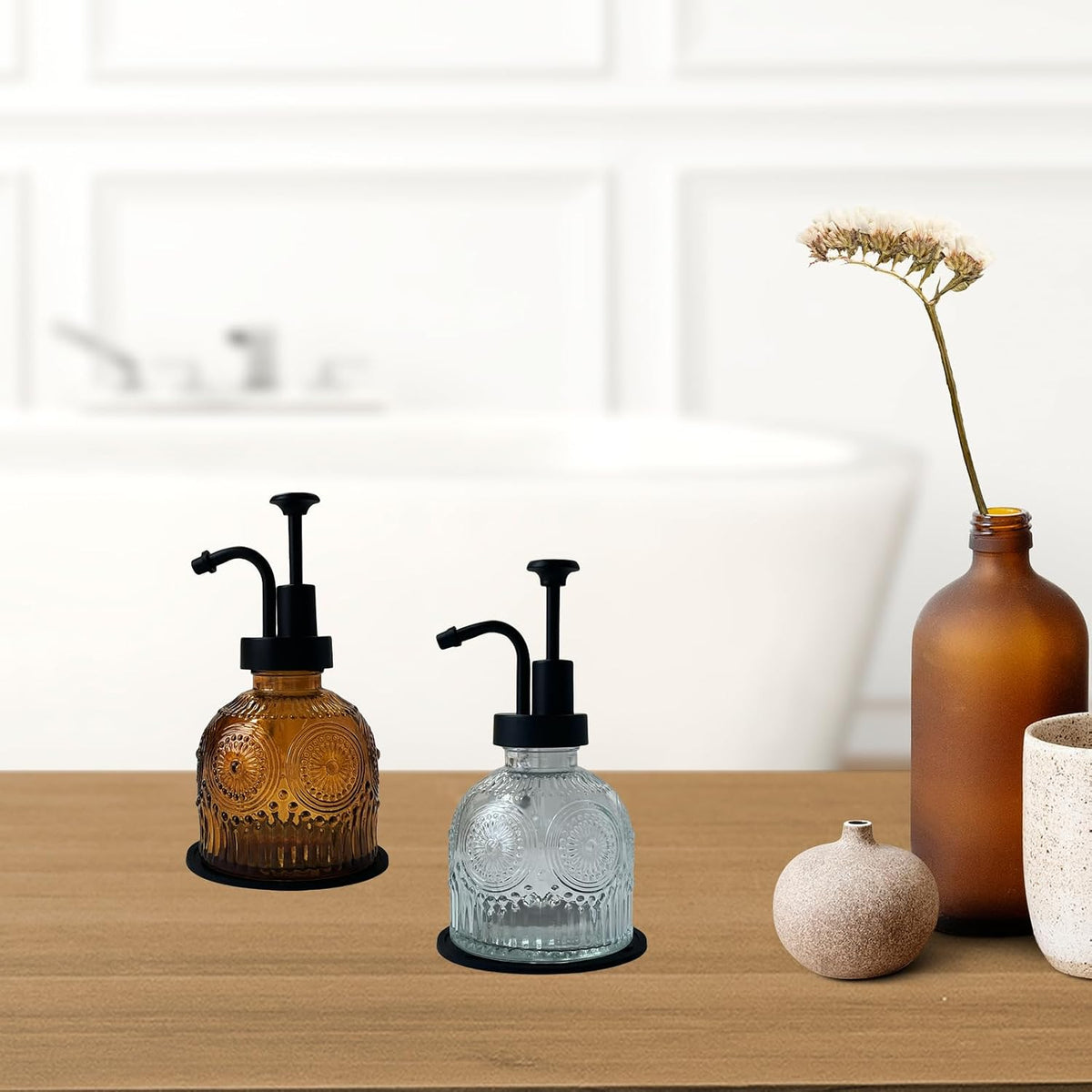 Vintage Soap Dispenser for Bathroom,Glass Kitchen Soap Dispenser with Pump,Farmhouse Antique,Cute Small Rustic Decor (White)