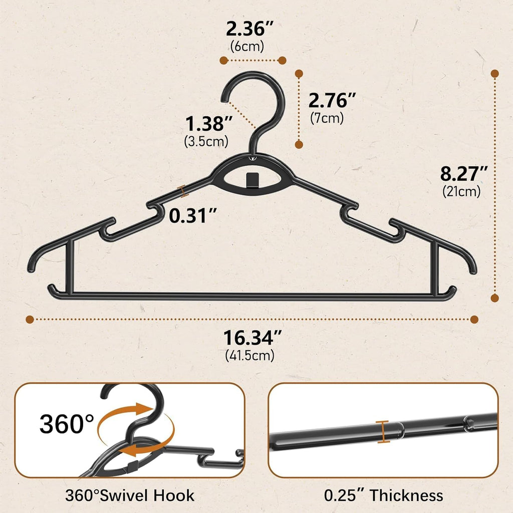 Heavy Duty Plastic Hangers 50 Pack, Stackable Space Saving, Black