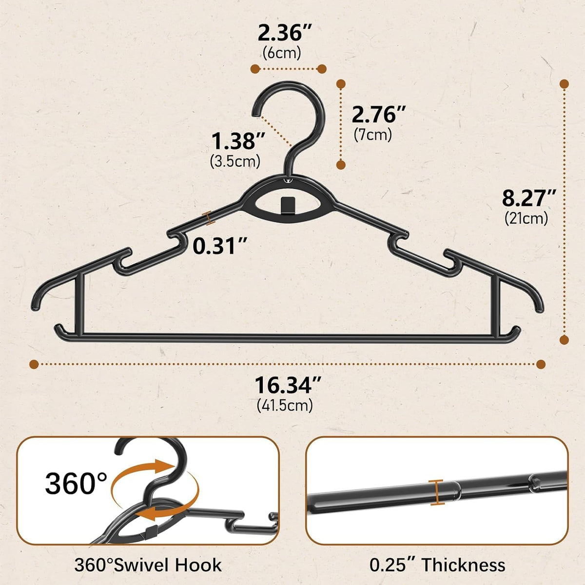 Heavy Duty Plastic Hangers 50 Pack, Stackable Space Saving, Black