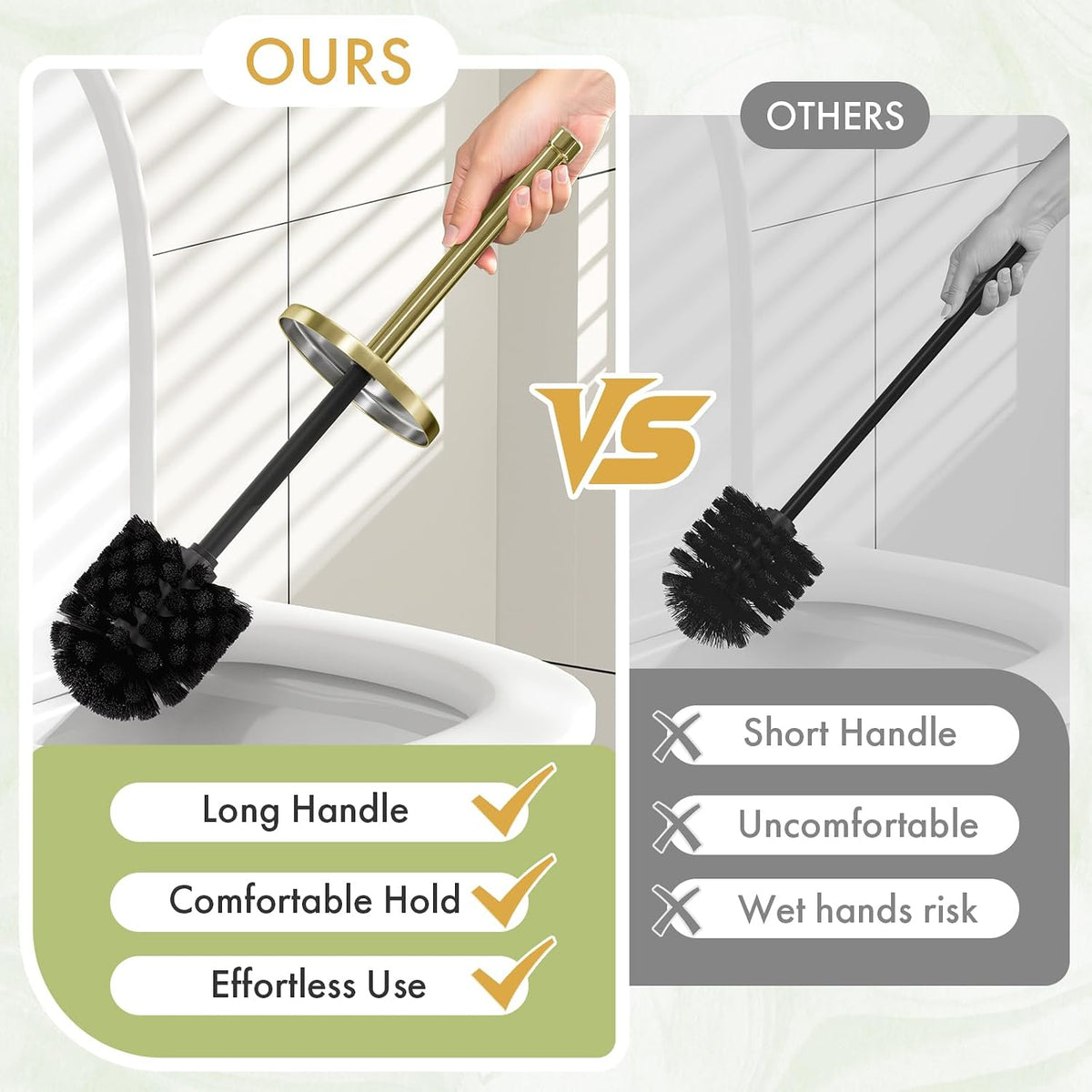 Toilet Bowl Brush and Holder Set 2 Pack with 4 Extra Brush Heads (Gold)