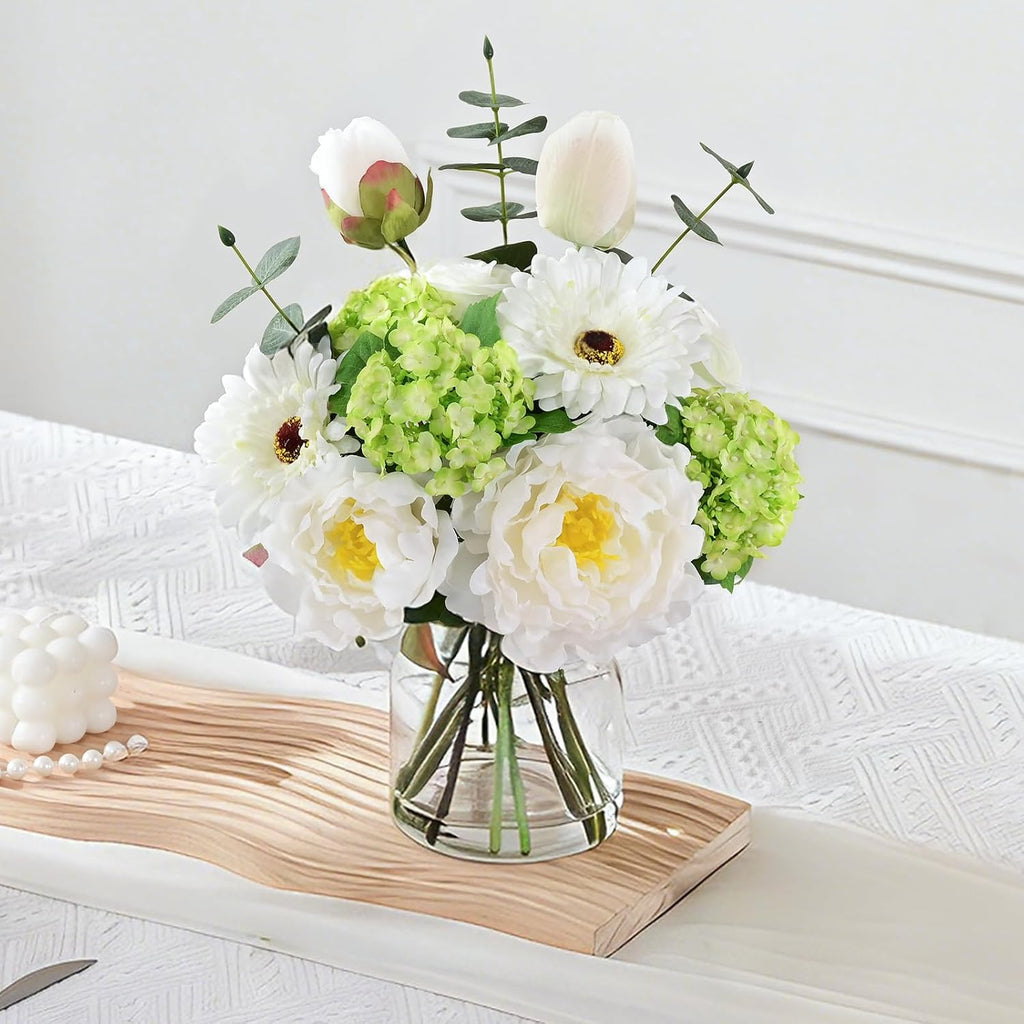 Livole Artificial Faux Flowers with Vase & Water Silk Fake Flowers, White