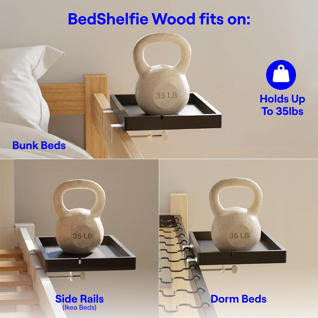 BedShelfie Wood Bedside Shelf for Bunk Bed & Top Bunk, College Dorm Room Essentials, Loft Nightstand, Floating Bed Side Table Tray Storage, Dorm Room Decor By Smallish - (DormEssential Wood, Black)