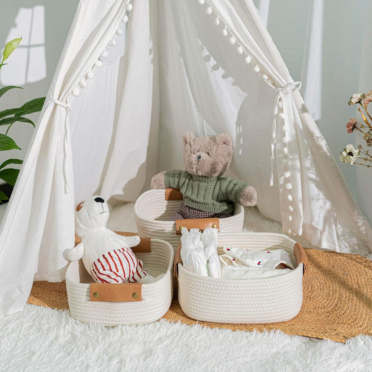 CHICVITA 3 Pack Woven Rope Gift Basket with Leather Handles, White