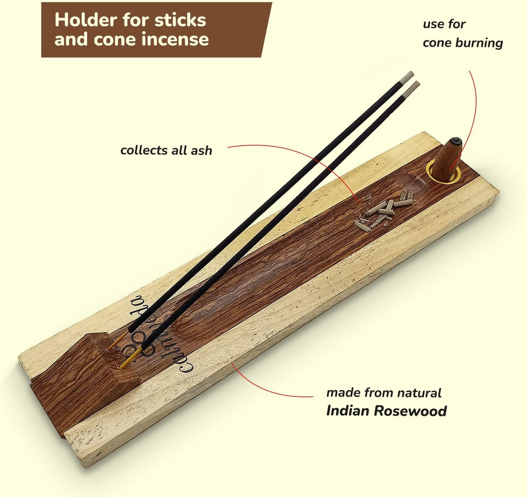 CALMVEDA Rosewood Incense Holder for 2 Sticks & Cones - 11 inch, Handmade