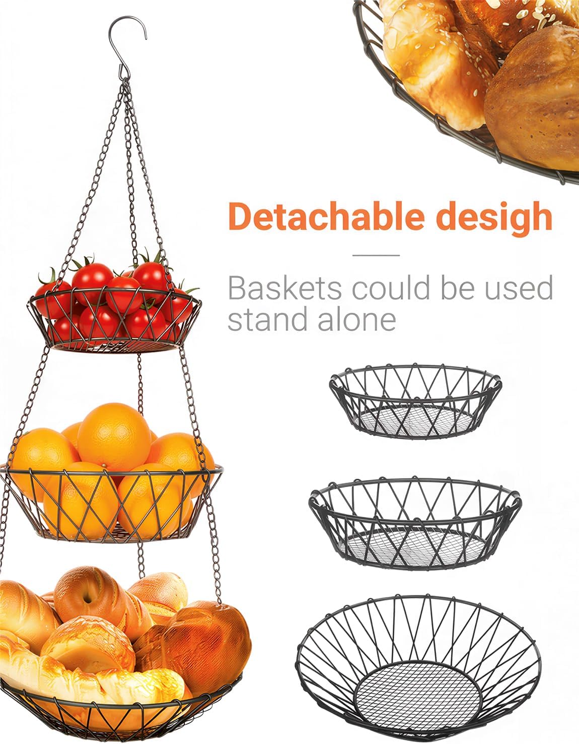3 Tier Hanging Basket with Sturdy Metal Chain Hanging Hooks