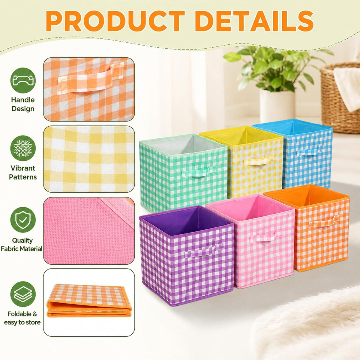 6 Pack 11 Inch Colorful Gingham Cube Storage Bins Fabric Checkered Basket
