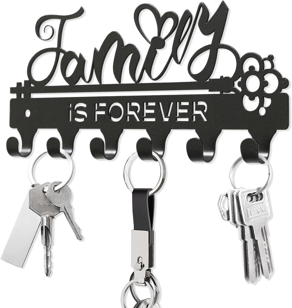 "Family Is Forever“Mini Key Holder Wall Mounted, Black Metal, 18.5x8.5cm