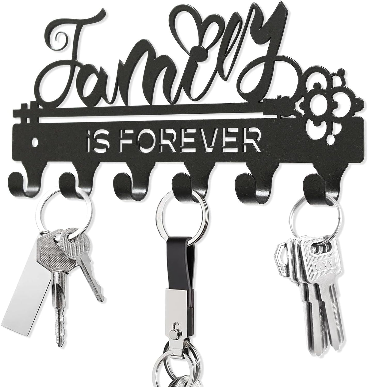 "Family Is Forever“Mini Key Holder Wall Mounted, Black Metal, 18.5x8.5cm