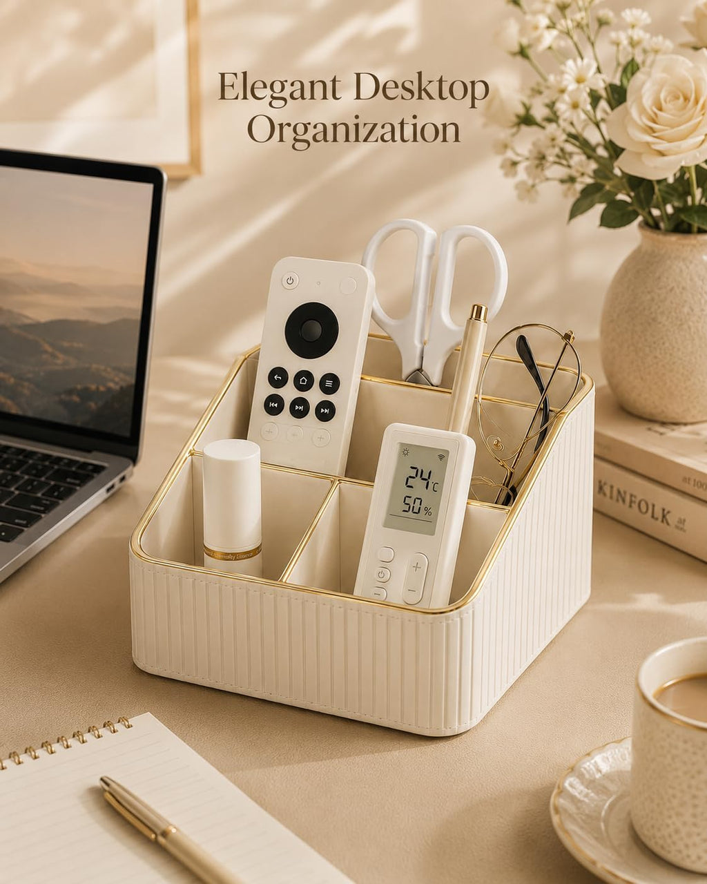 KINGFOM PU Leather Remote Control Holder, 4 Compartment Nightstand Organizer with Gold Trim, Small Desk Organizer for Office Supplies, Phone, Glasses, Pens, Bedside Table, Living Room Decor White