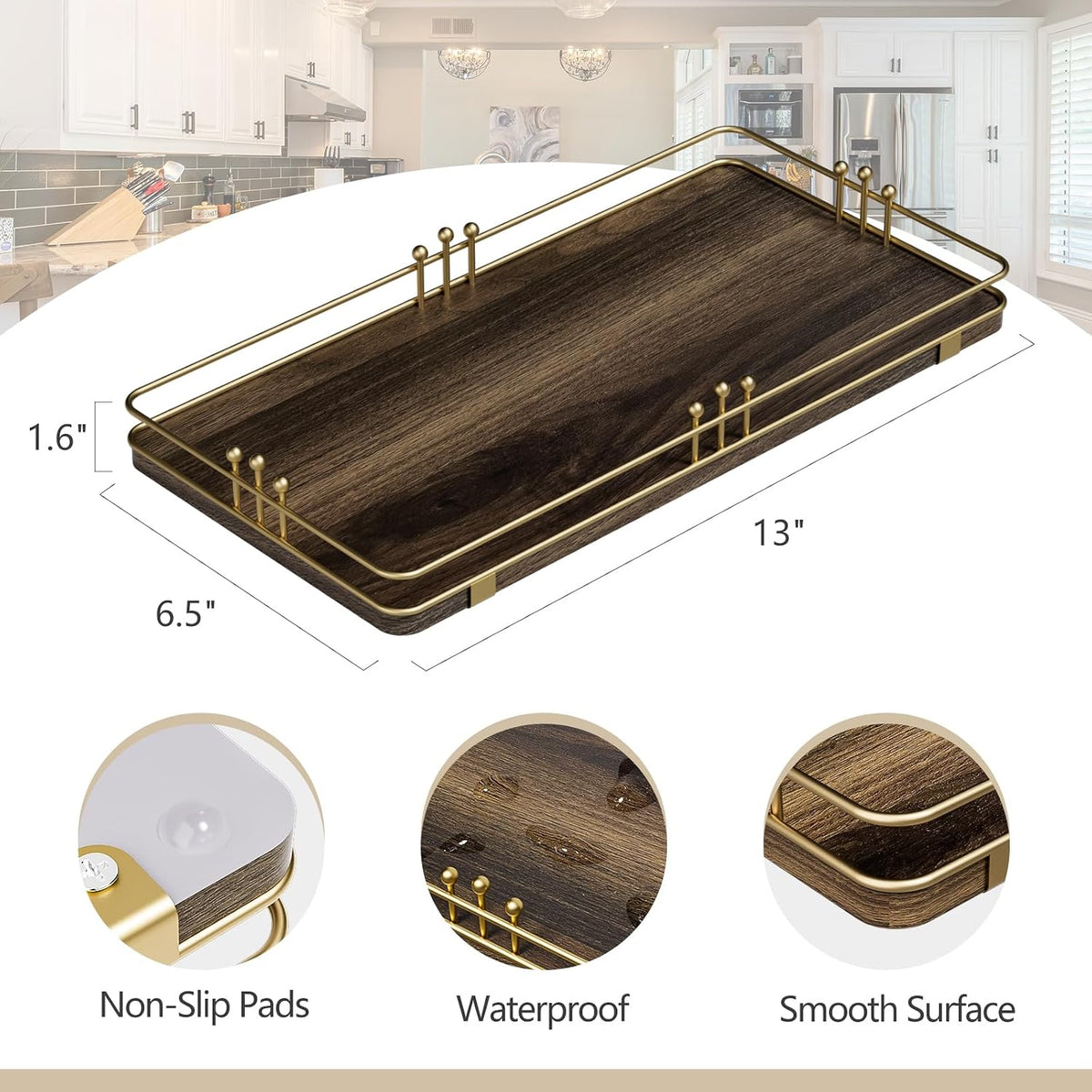 Toilet Paper Basket, Toilet Tank Tray, 13"x 6.5", Brown-Gold