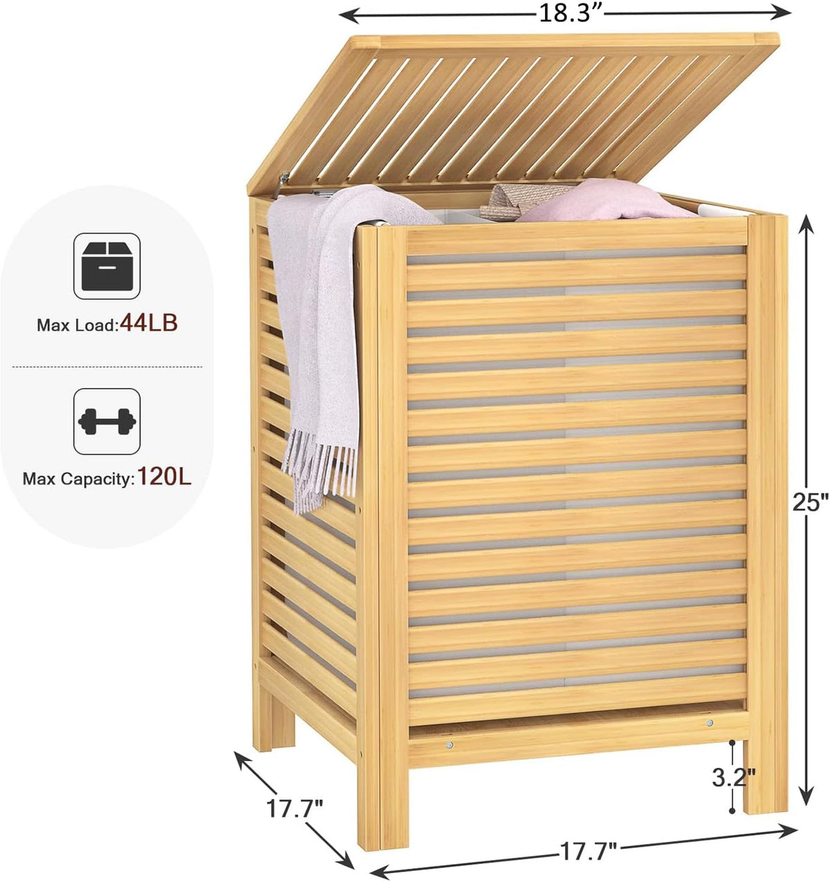 Homykic 120L Bamboo Laundry Hamper with Lid and Removable Bag, Natural