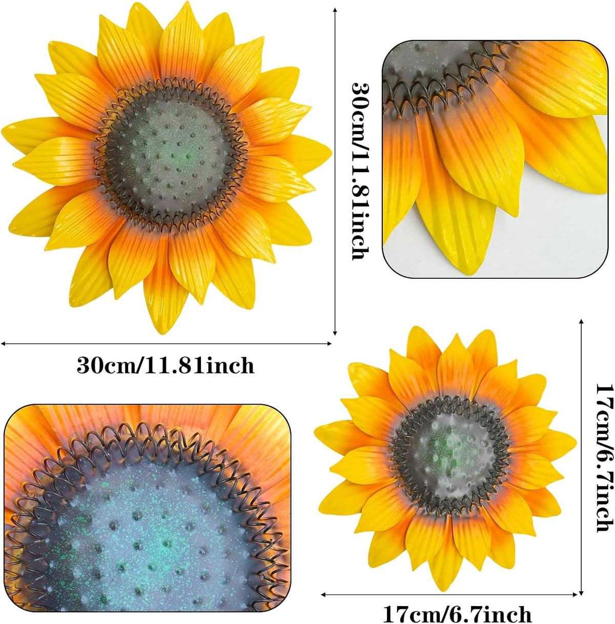LWINGFLYER Metal Sunflower Wall Decor 12'' & 8" Assorted 3D Metal Wall Art for Sping Garden Fence Farmhouse Kitchen Bathroom Outdoor Indoor Decoration, Set of 3
