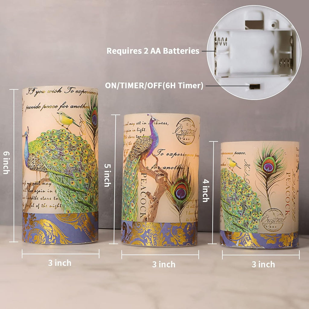 Flameless Candles Peacock Decor Battery Operated Candle with Remote Real Wax Flickering LED Pillar Candle Vintage Home Decor for Spring, Summer, Wedding Decor, Mothers Day Gifts