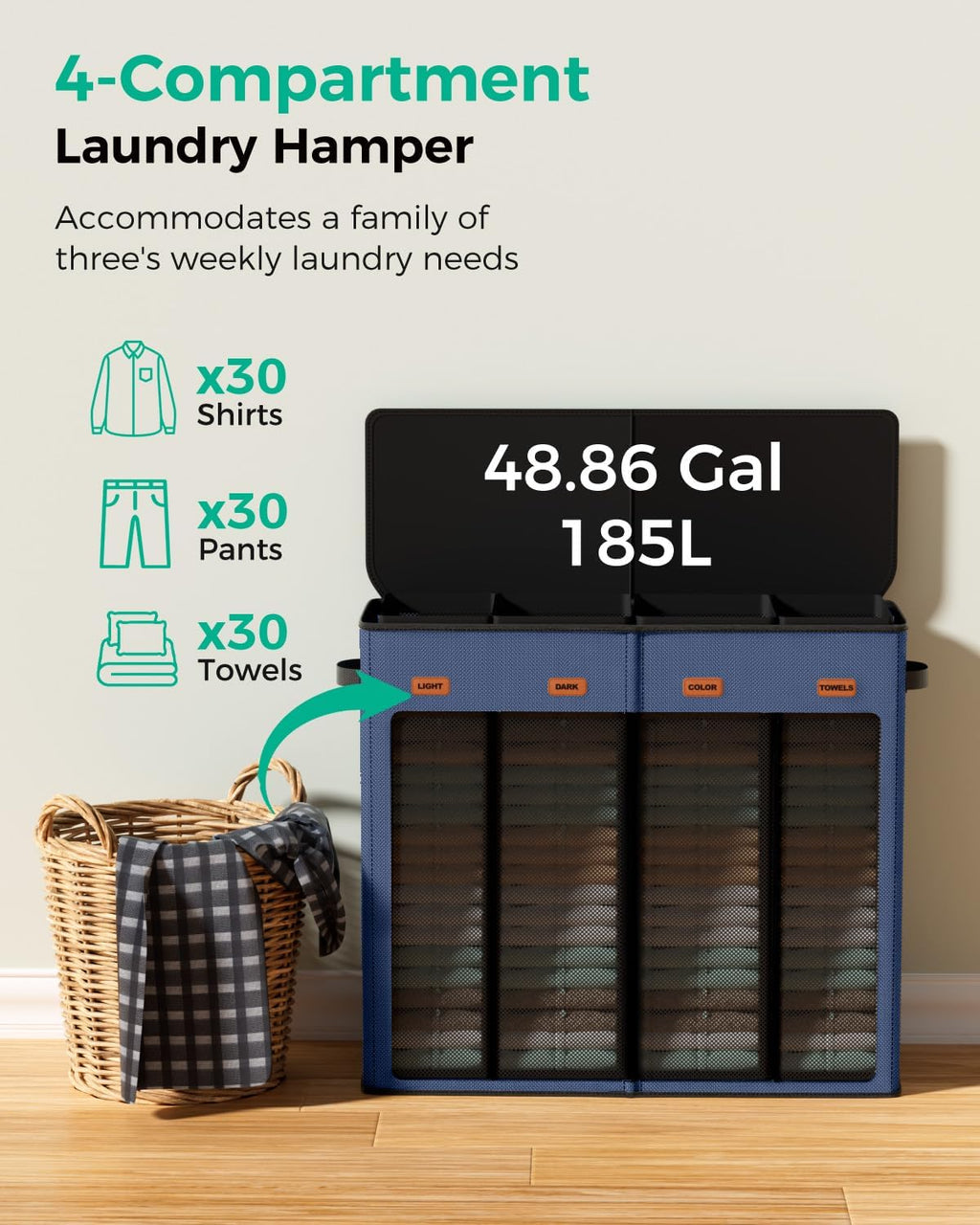 185L Laundry Hamper 4 Section with Lid & Removable Bags | Collapsible laundry basket organizer for laundry room, bedroom & dorm with 5 removable washing bags