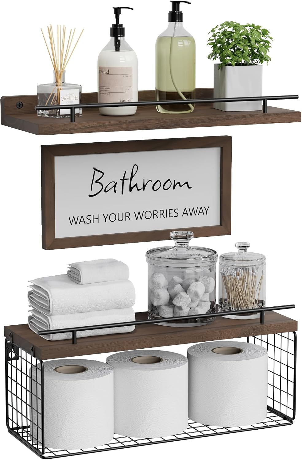 WOPITUES Floating Shelves for Bathroom Decor Art, Rustic Brown