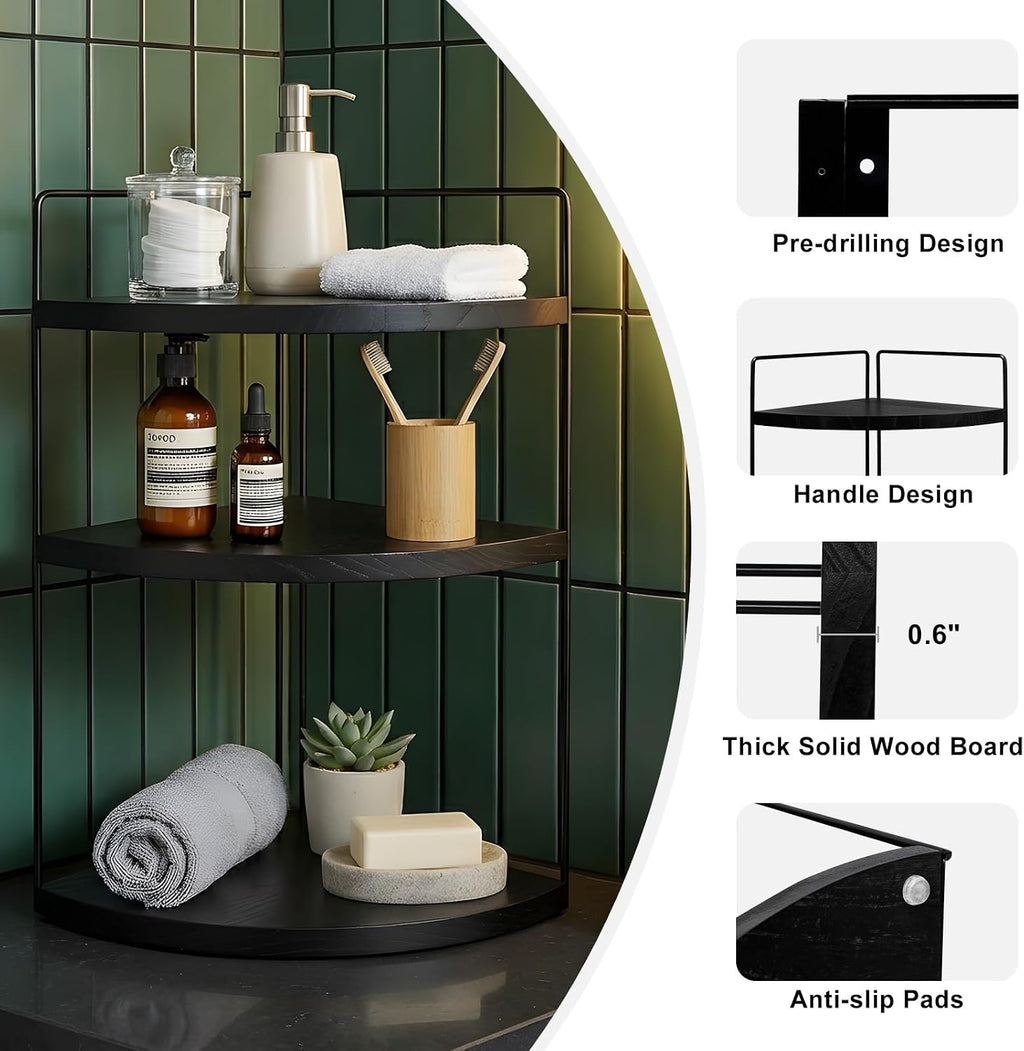 Corner Bathroom Counter Organizer Countertop Black, 3-Tier Corner Shelf Wood Vanity Tray Easy Assembly Space Saving Shelf for Kitchen, Bathroom, Dresser, Makeup, Office