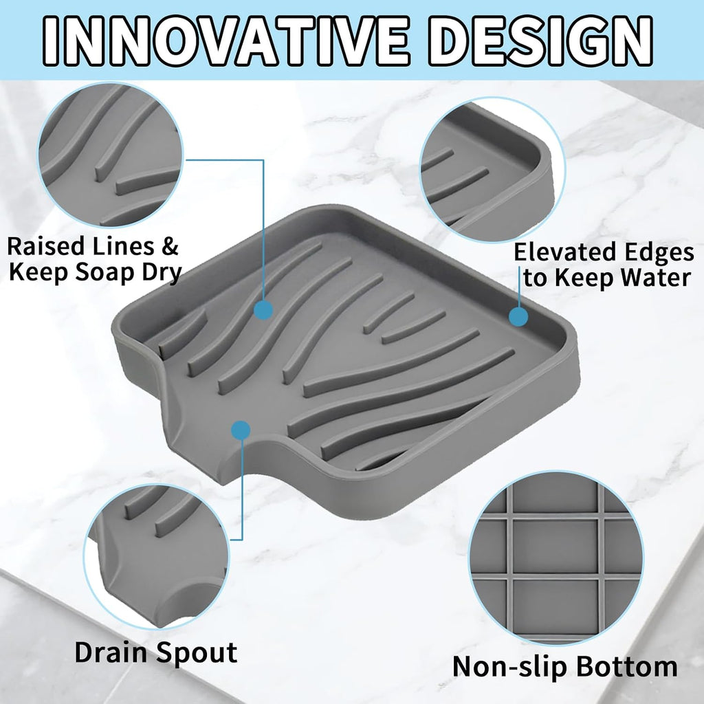 2 Pack Silicone Soap Dish with Drain, Self Draining Bar Soap Holder for Shower, Silicone Dish Soap Tray, Bathroom and Kitchen Sink Organizer, Grey