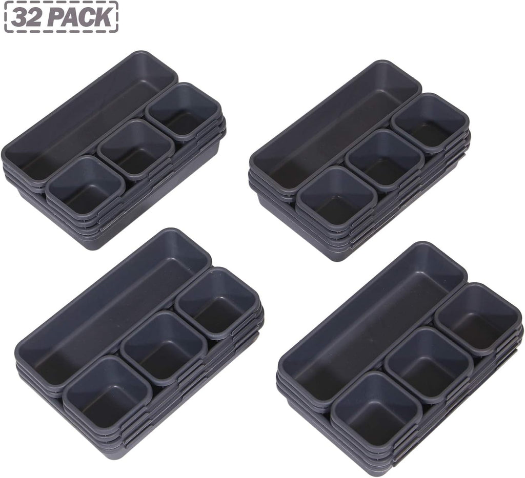 Set of 32 Interlocking Desk Drawer Organizer Tray Dividers Plastic Shallow Narrow Drawers Organizers Separators Storage Bins Container for Kitchen Bathroom Makeup Office Vanity Bedroom Dresser