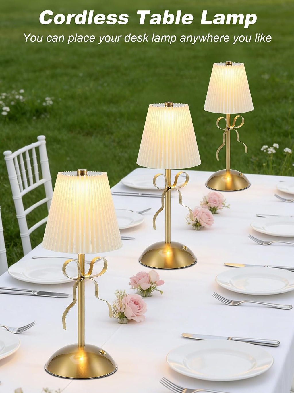 Rechargeable Small Table Lamp,Cute Desk Lamp,Gold Bow Lamp