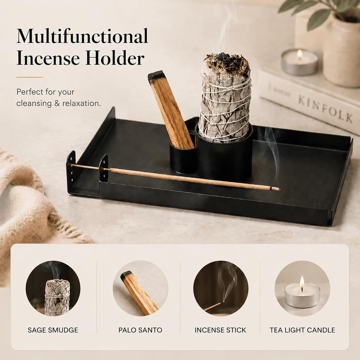 4 in 1 Incense Holder, Sage and Palo Santo Holder with Ash Catch Tray