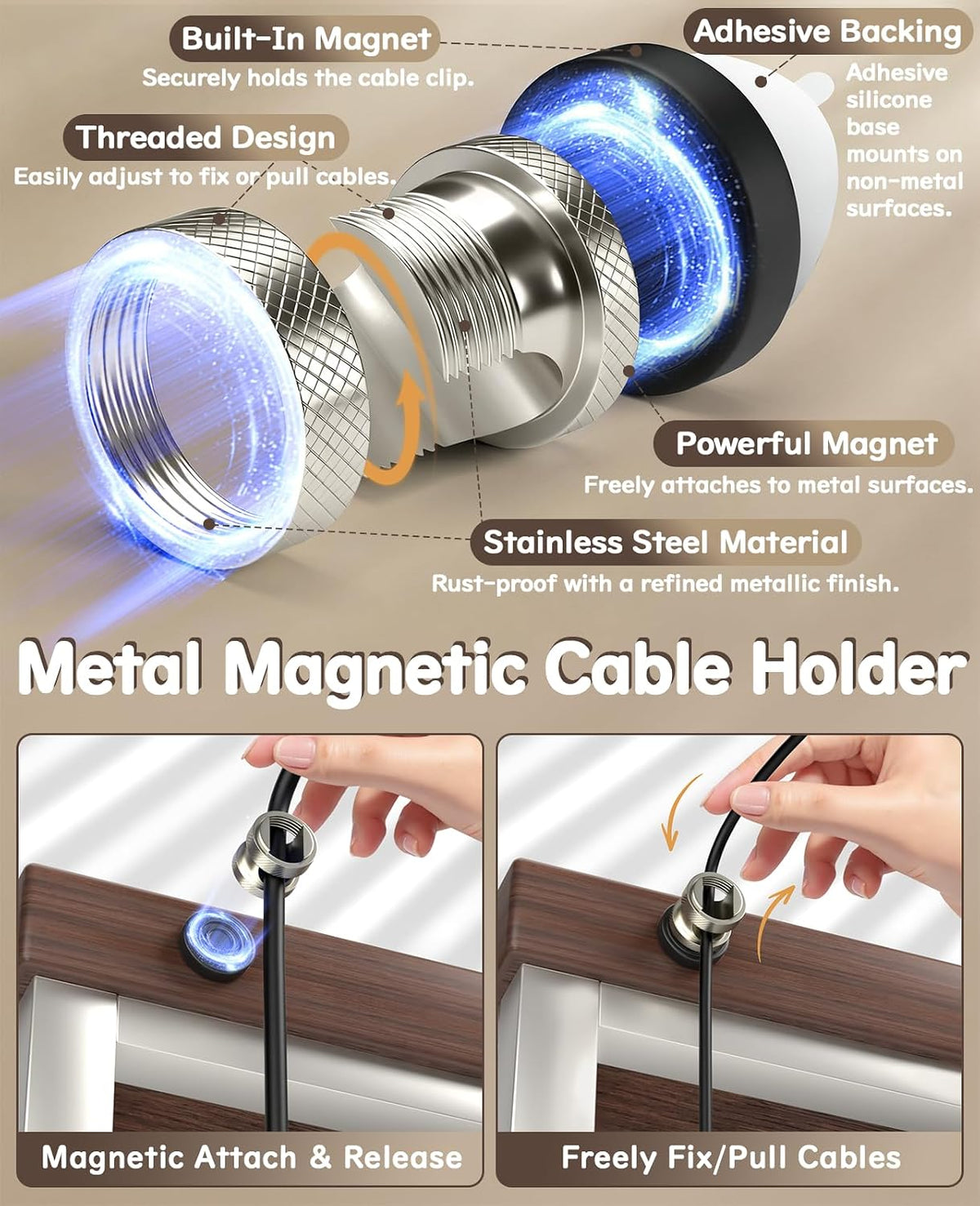 Maveek Magnetic Cable Clips 8Pcs, Stainless Steel Cord Anchor, Metal Silver