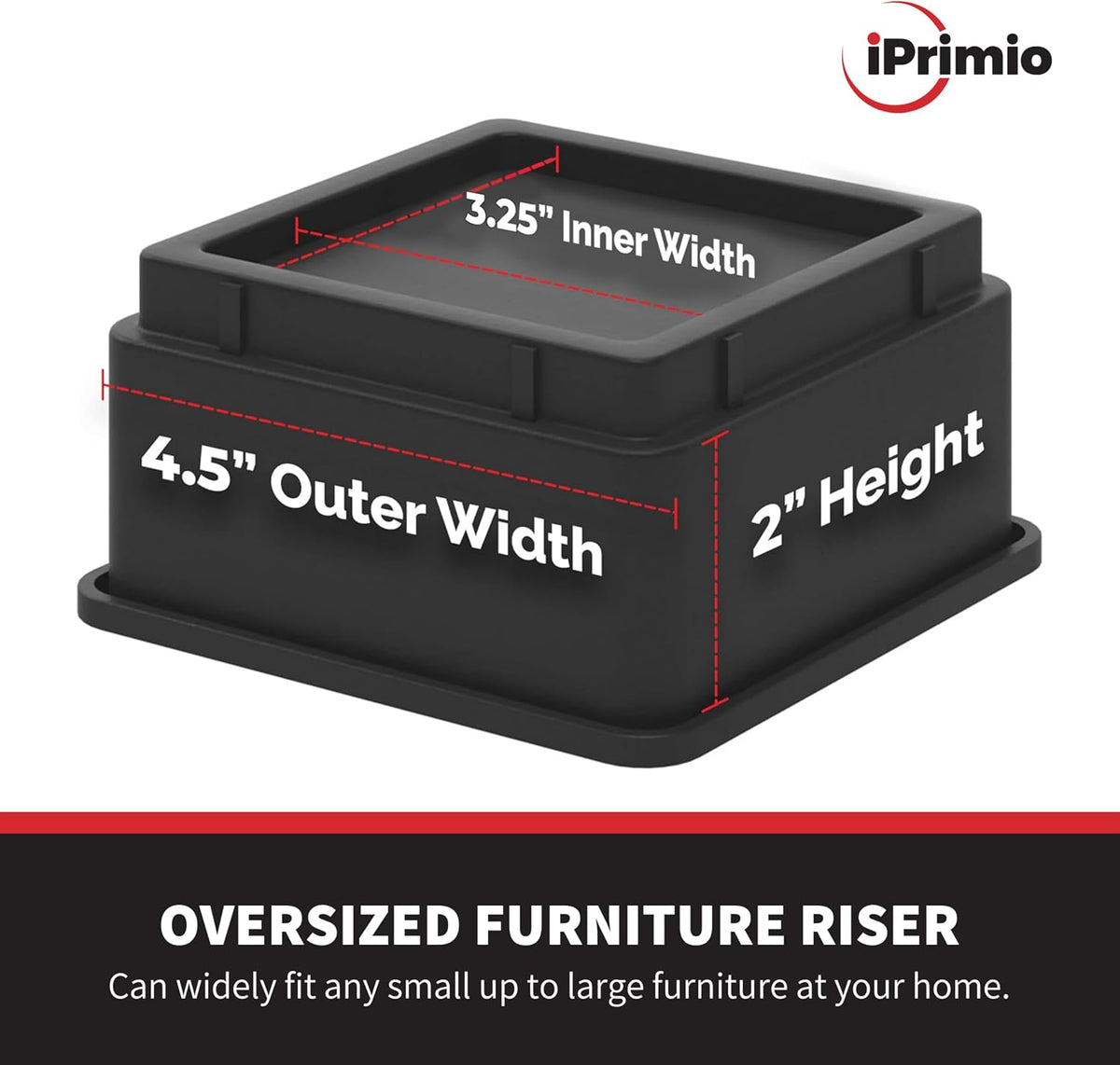 iPrimio Bed Risers 2" Lift, Heavy Duty for Dorm, Square, Black, 6 Pack