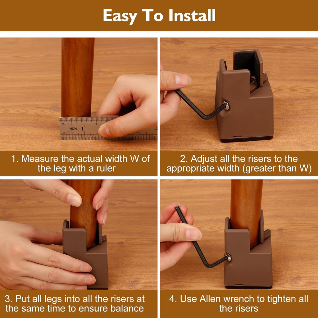 Bed Risers 2 Inch with Adjustable Screw Clamp, 4 Pack Heavy Duty Furniture Risers, Supports up to 5,000 lbs, Fits Furniture Legs with Thickness from 0.9 to 1.5 Inch(Brown, Type-G)