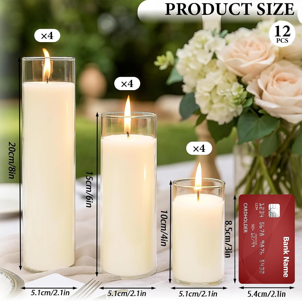 12 PCS Pillar White Candles in Glass,Hurricane Candles,Wedding Cylinder Candle,3 Different Lengths 2 x 3/6/8 Inch (4 Each),Creating an Atmosphere Suitable for Various Outdoor Activities.