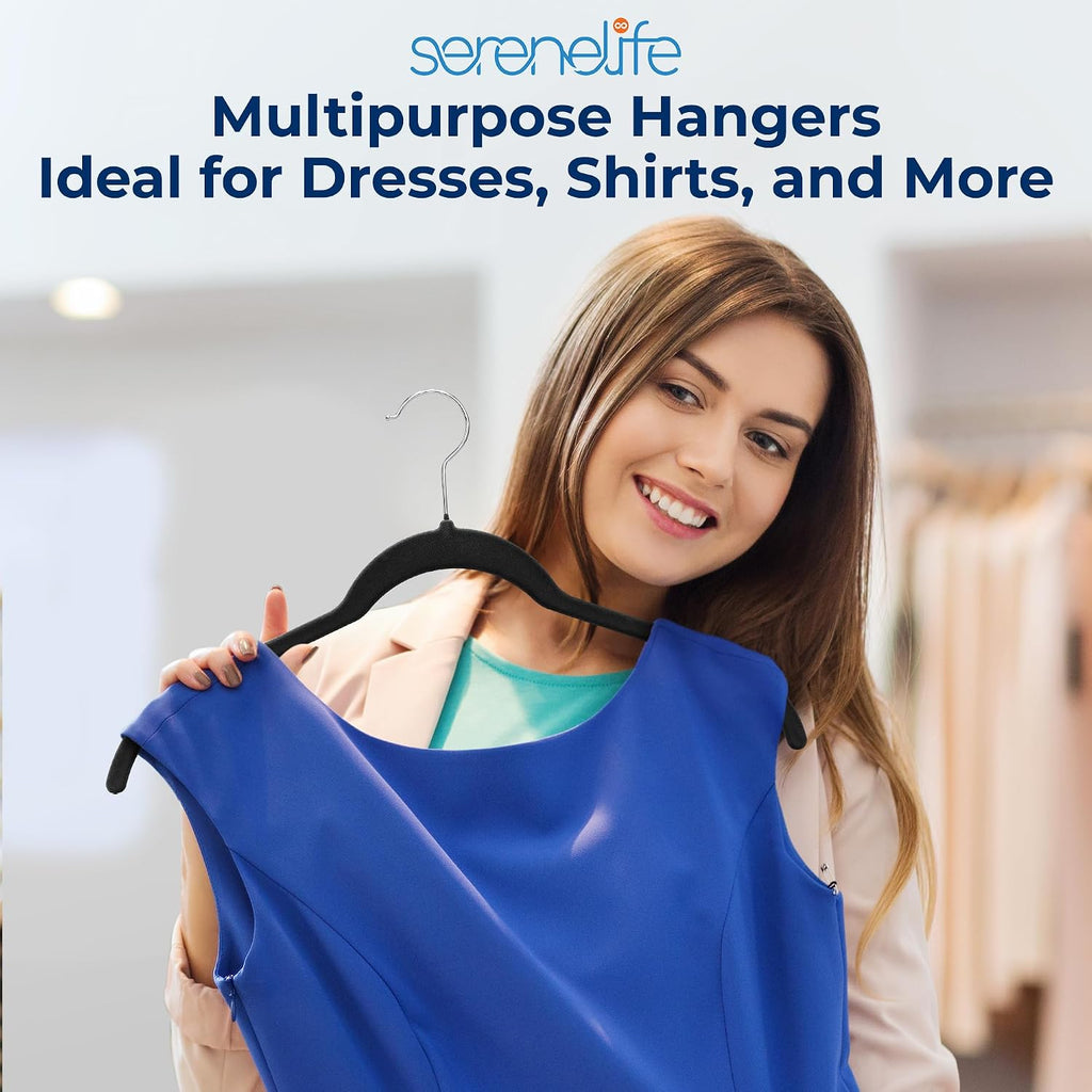 SereneLife 50 Pack Velvet Clothes Hangers | Organize Shirts, Dresses & Coats with Ease | Non-Slip Velvet, Recycled ABS, 360° Swivel Hook, Lightweight 0.2-Inch Slim Profile, 8 Lbs Capacity | Black