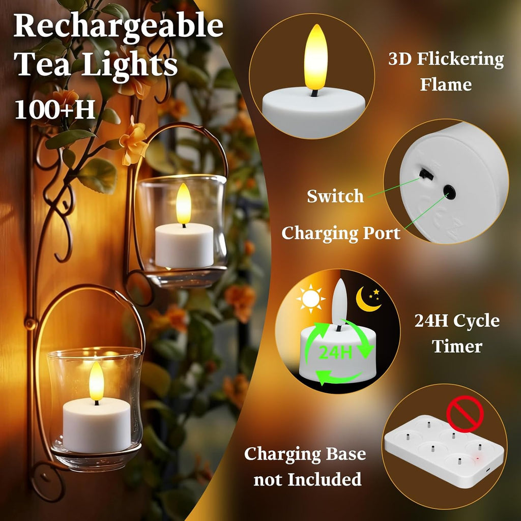 Rechargeable Tea Lights with Remote Timer (6PCS-Charging Base not Included)