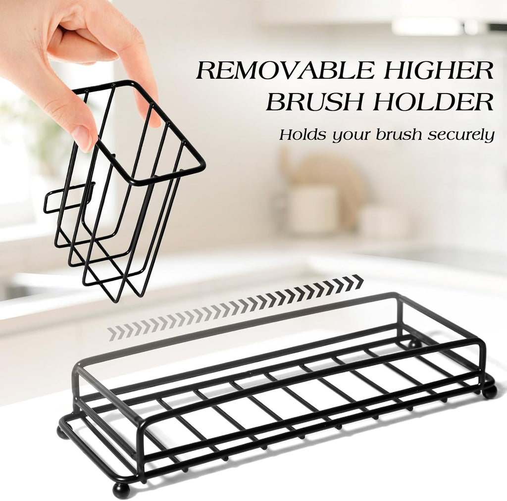 Kitchen Soap Dispenser Set, Hand and Dish Soap Dispenser Set with Sponge Holder, Dish Soap Dispenser with Instant Dry Tray for Kitchen, 17 fl oz Black Glass Soap Dispenser with Pump