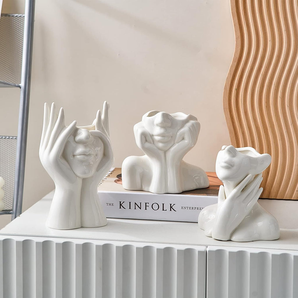 FJS Ceramic Face Vase, White Flower Vase for Table Decor