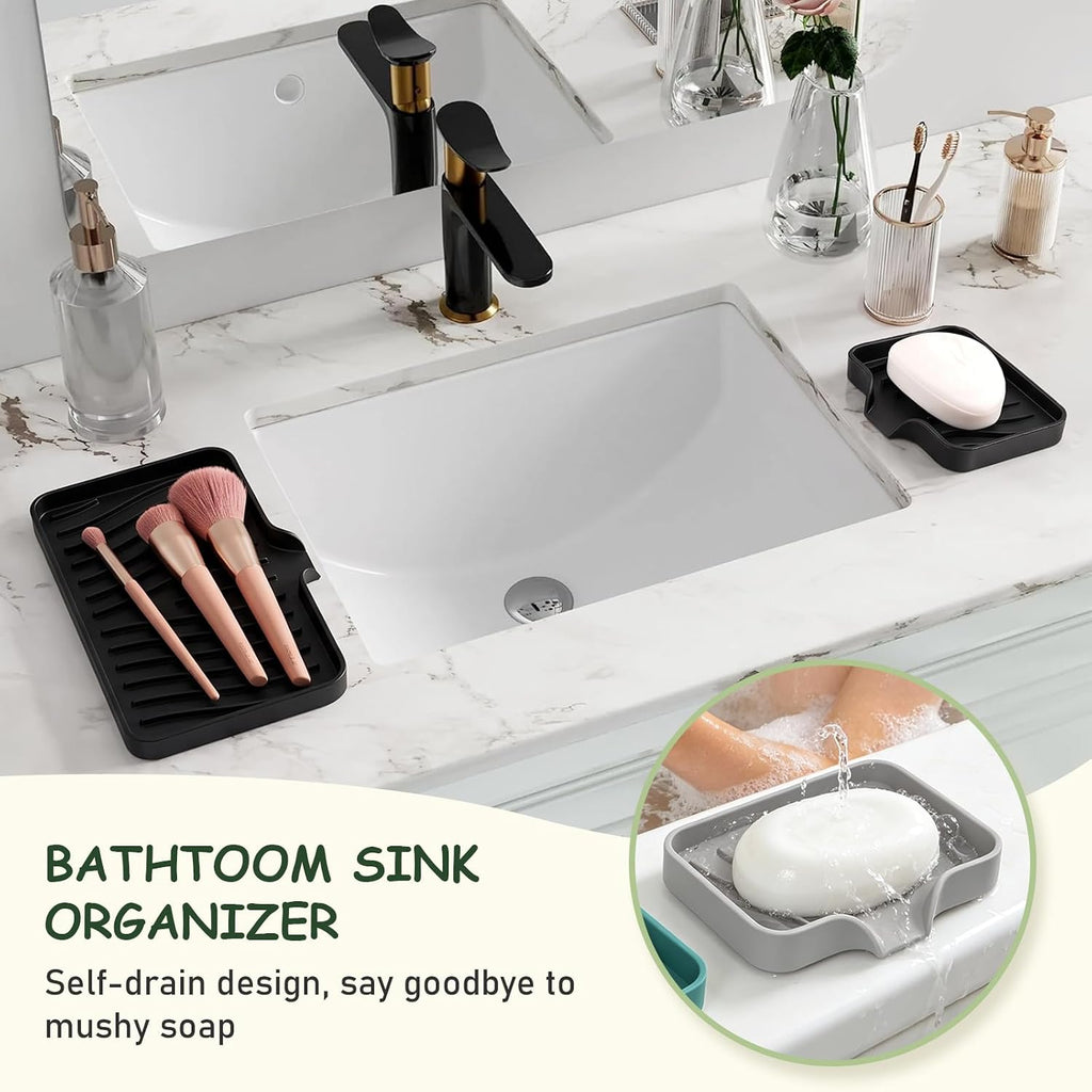 Silicone Soap Dish with Drain Spouts, Bar Soap Holder, Self-Draining Sink Organizer Kitchen Sponge Tray, Non-Slip Dispensers for Bathroom, Kitchen (Black, 2 Short)