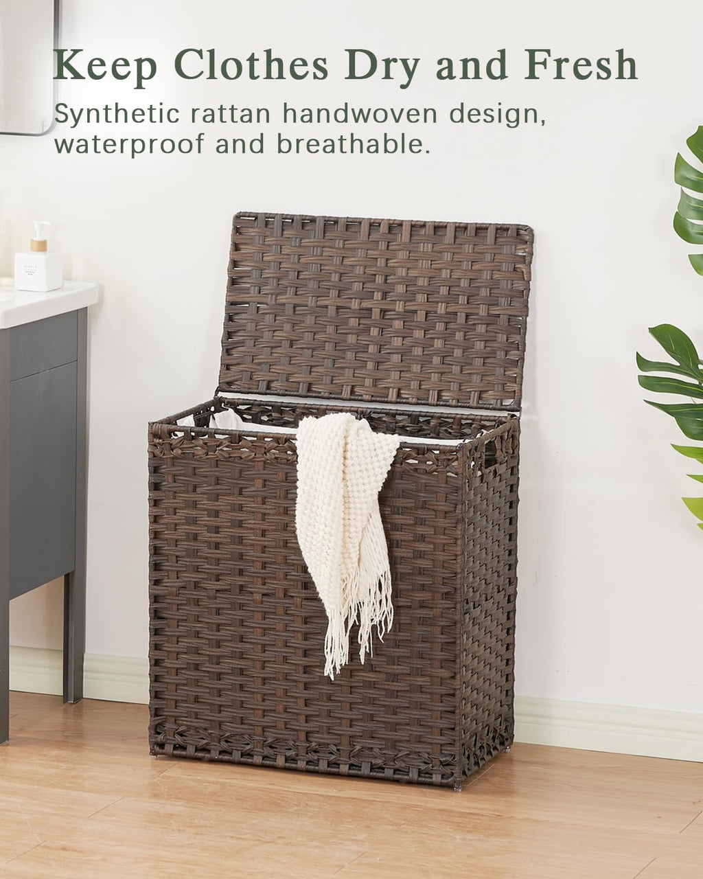 SETVSON Laundry Hamper with Lid Wicker Laundry Basket 112L PE, Brown