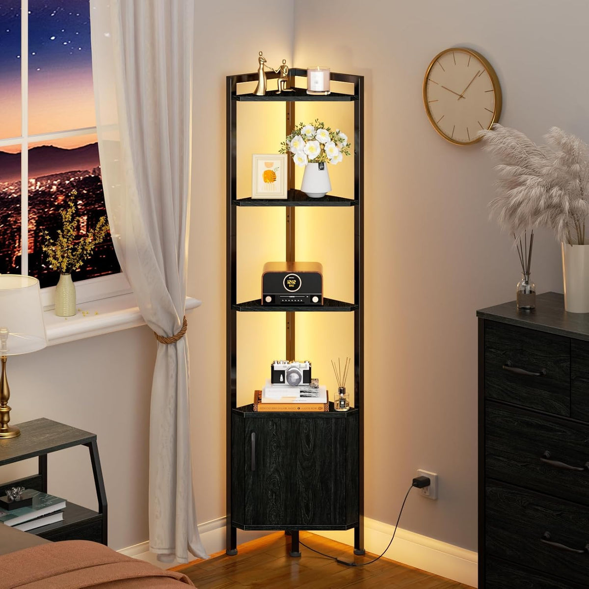 Furnulem 5-Tier Corner Shelf with LED Light,Black Corner Cabinet with Doors