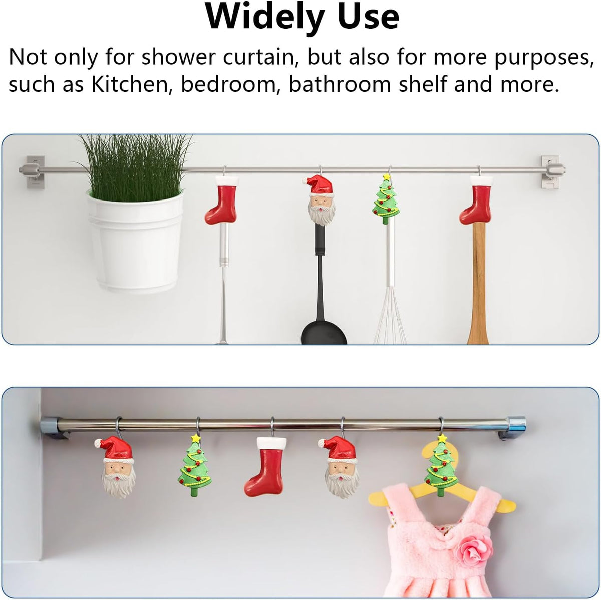 Christmas Home Decorative Shower Curtain Hooks – Set of 12 Rust-Resistant Decorative Rings with Santa, Tree & Stocking Charms, Xmas Bath Curtain Hangers for Holiday Bathroom Decor (Fits Standard Rods)