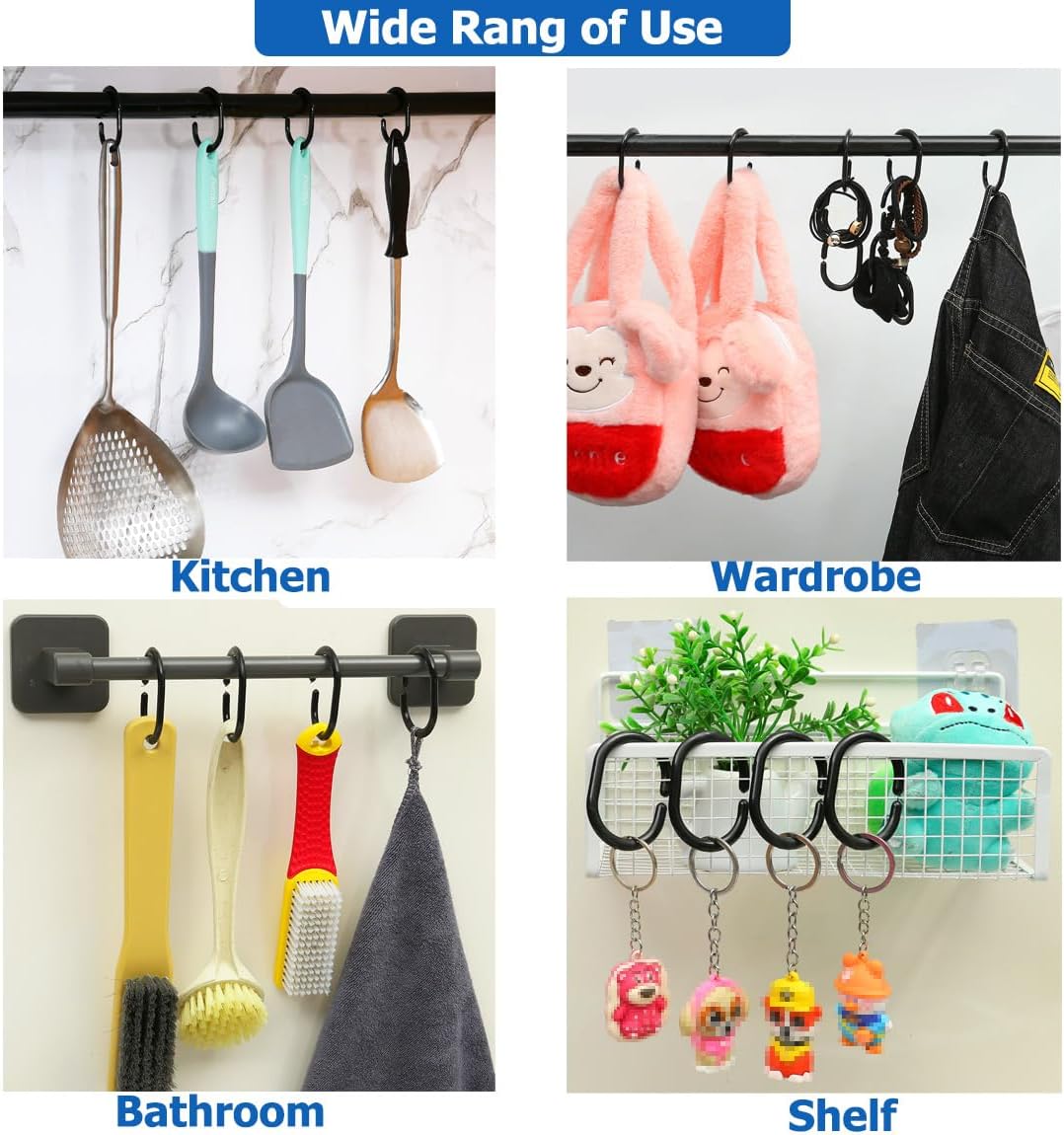 Resze 24 PCS Shower Curtain Rings,Plastic Black Shower Curtain Hooks,C-Shaped Rings Hook Hanger Bathroom Shower Window Rod (Pack of 3)