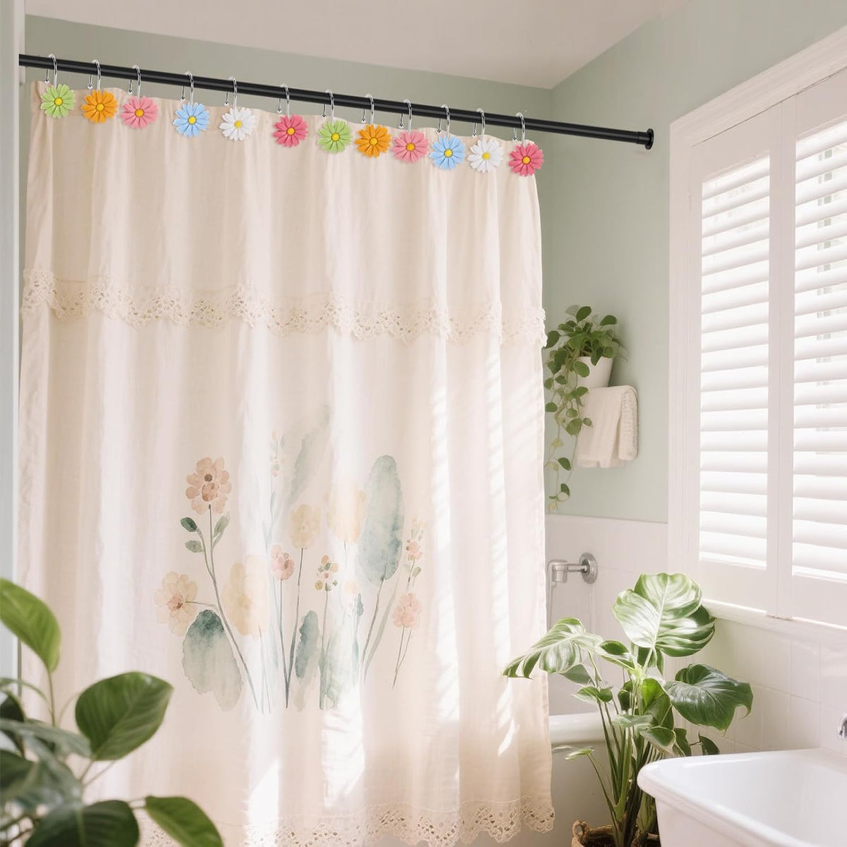 Flower Shower Curtain Hooks, 12 Pack Rustproof Stainless Steel Decorative, Bohemian Floral Bathroom Accessories for Curtain Rod and Shower Rod (Pastel Daisy)