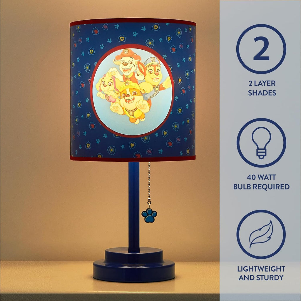 Idea Nuova Nickelodeon Paw Patrol 2 Layer Cut Out Shade Stick Table Lamp with Figural Pull Chain and Themed Printed Decorative Shade