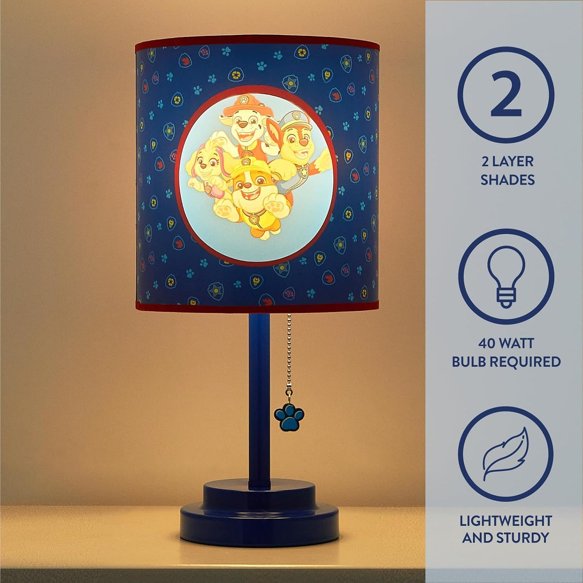 Idea Nuova Nickelodeon Paw Patrol 2 Layer Cut Out Shade Stick Table Lamp with Figural Pull Chain and Themed Printed Decorative Shade