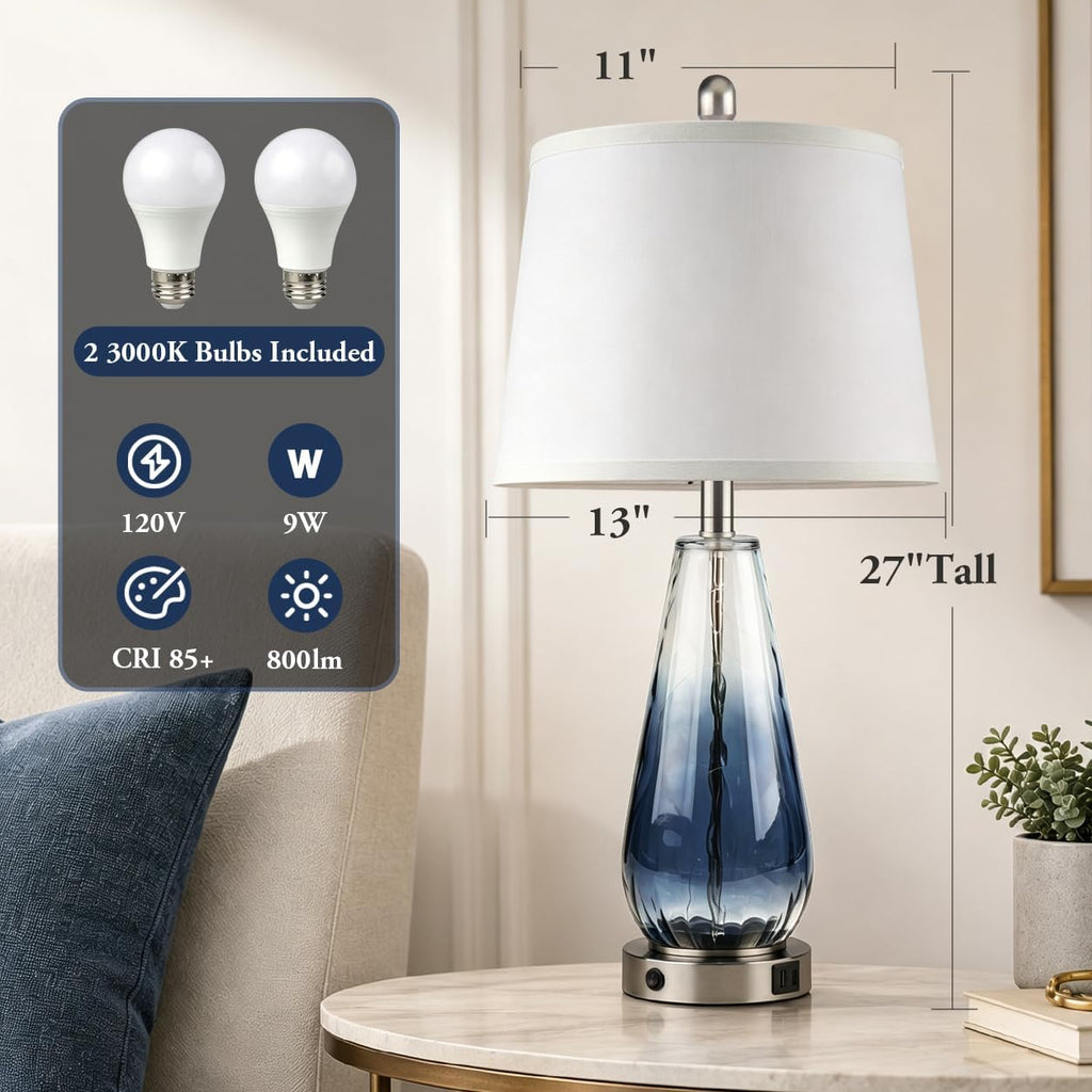 27'' Blue Table Lamps Set of 2, Large Glass Lamps, Modern Coastal Lamps