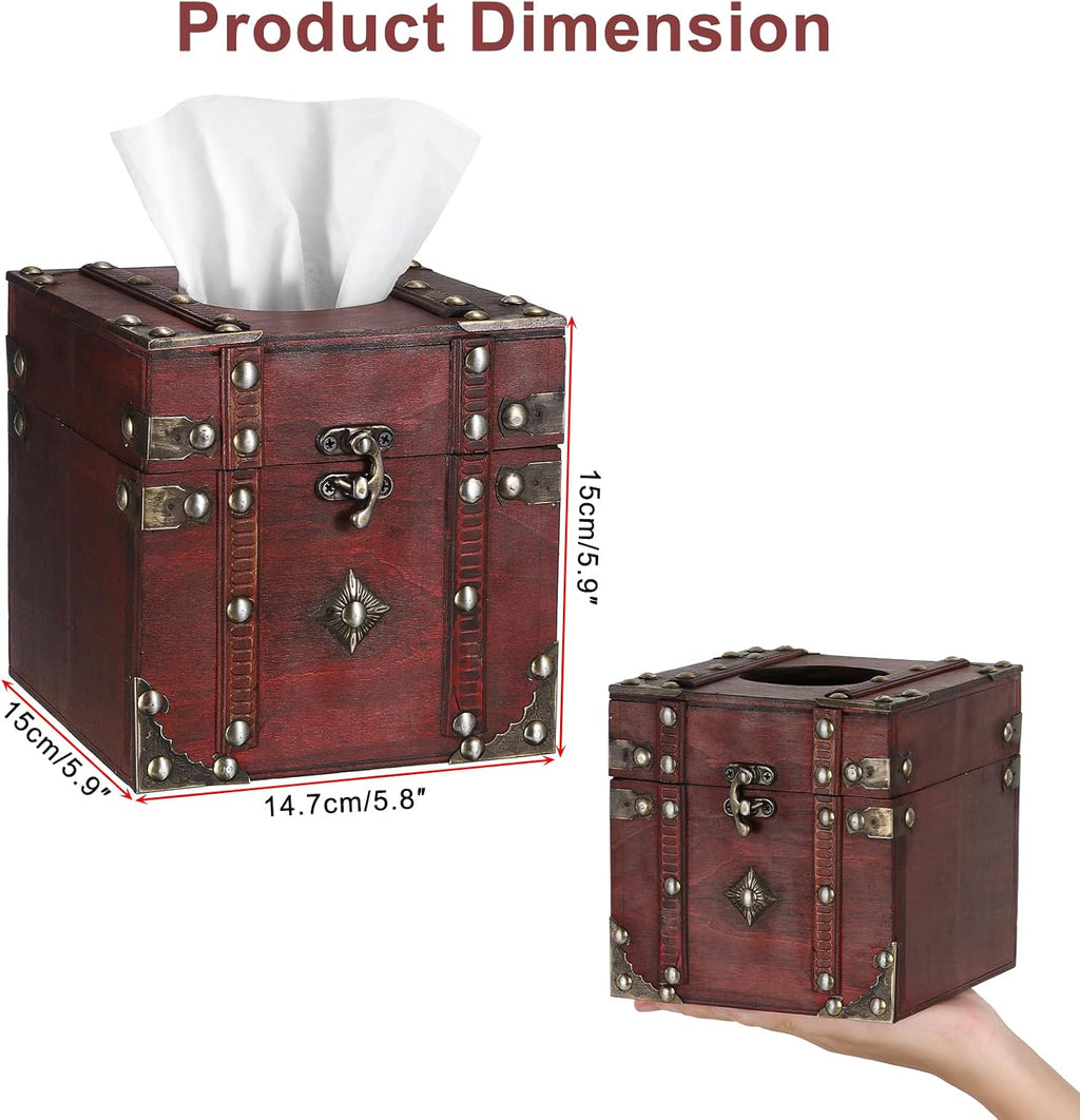 Sumnacon Tissue Box Retro Wood Square Tissue Box Cover Vintage Cube Tissue Box Holder,Decorative Tissue Holder for Bedroom Bathroom Toilet Table Desk Car Store Office Home,Red