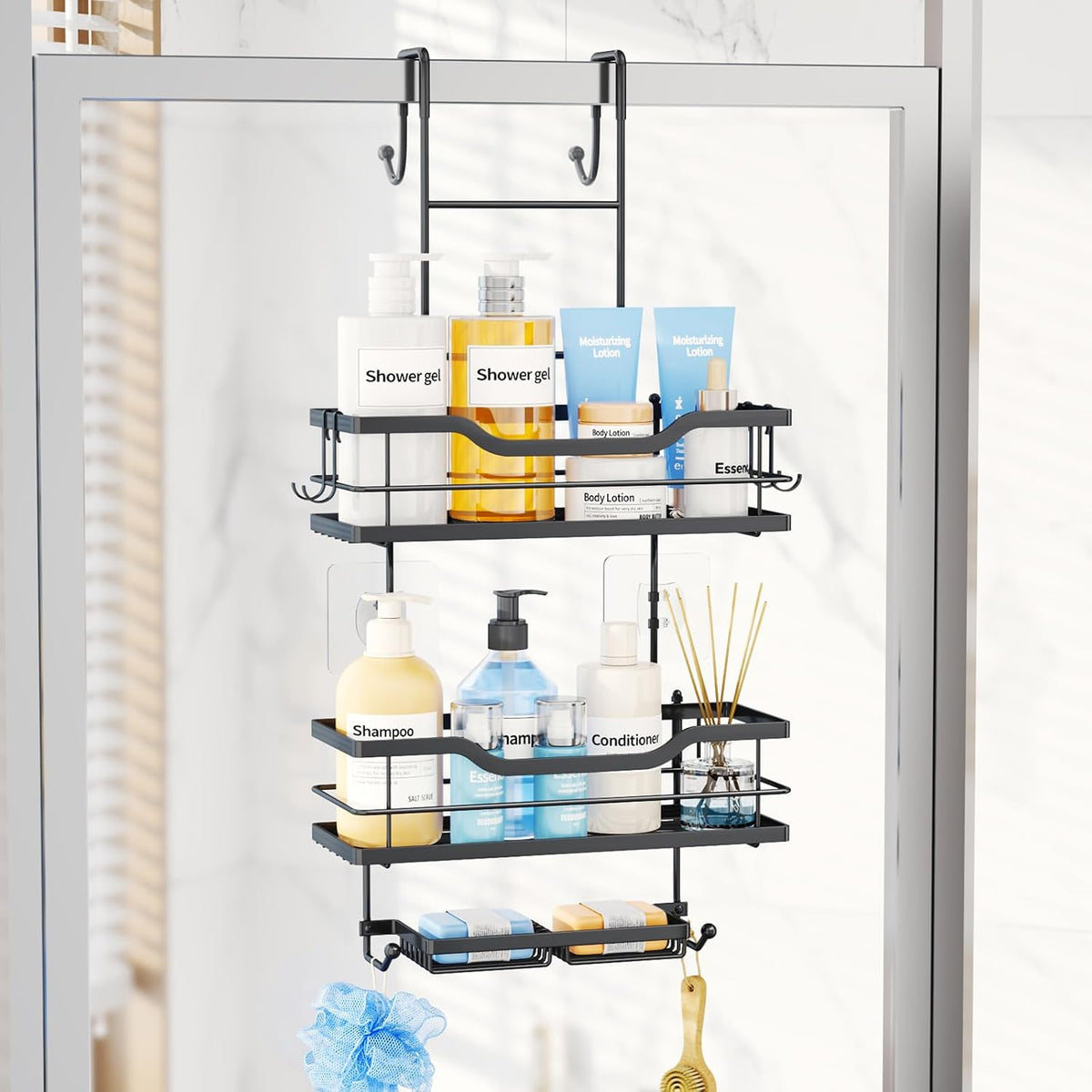Consumest Over The Door Shower Caddy - 3 Tier Shower Shelves Hanging with Soap Holders, Large Capacity Shower Organizer with 6 Hooks, Bathroom Rack and Storage, Black