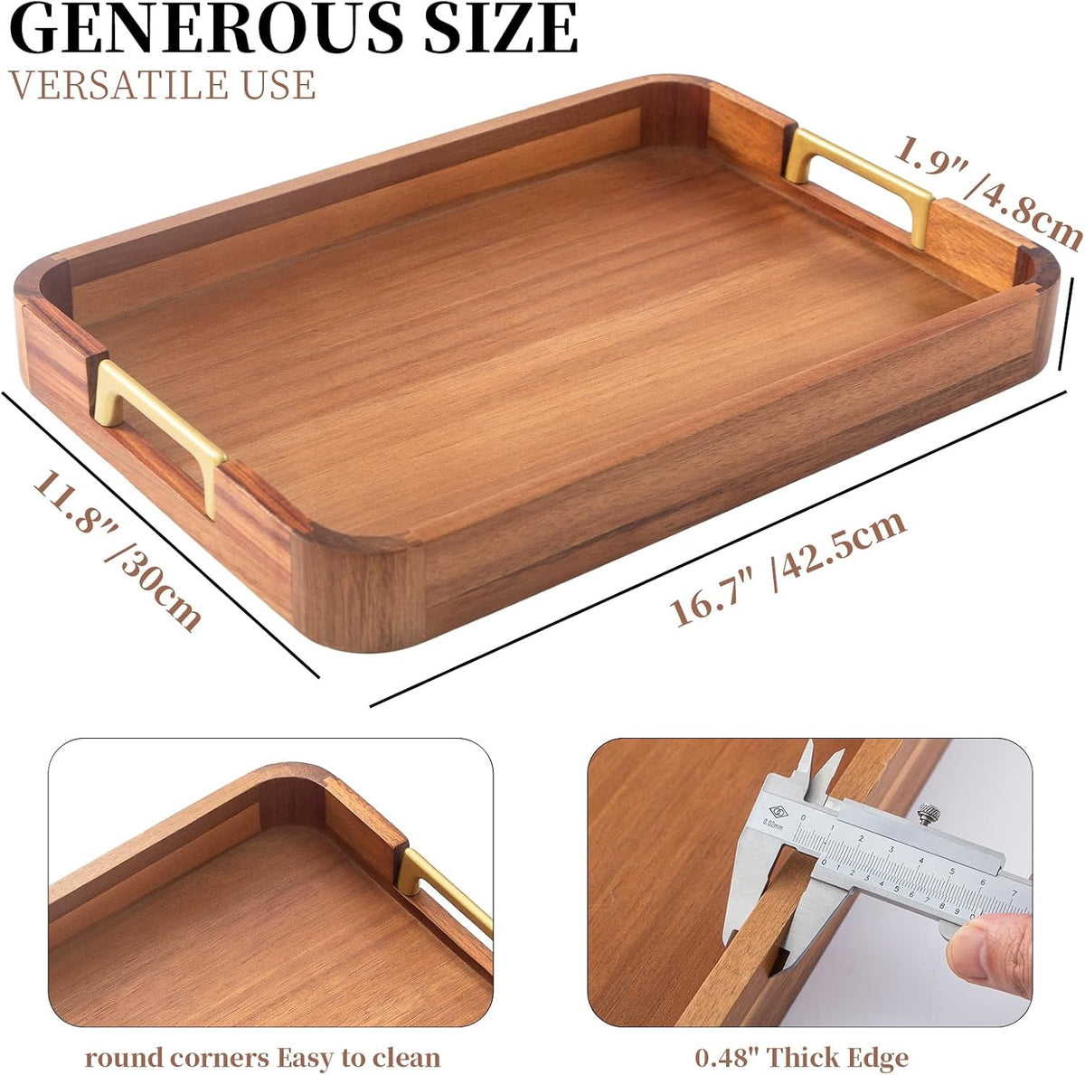 GinSent Wooden Serving Tray with Handles,Wooden Trays for Kitchen Counter Decorative Trays Wood Tray Coffee Table Tray for Living Room House Decor 16.7-INCH with 1.2cm Thickness Wood