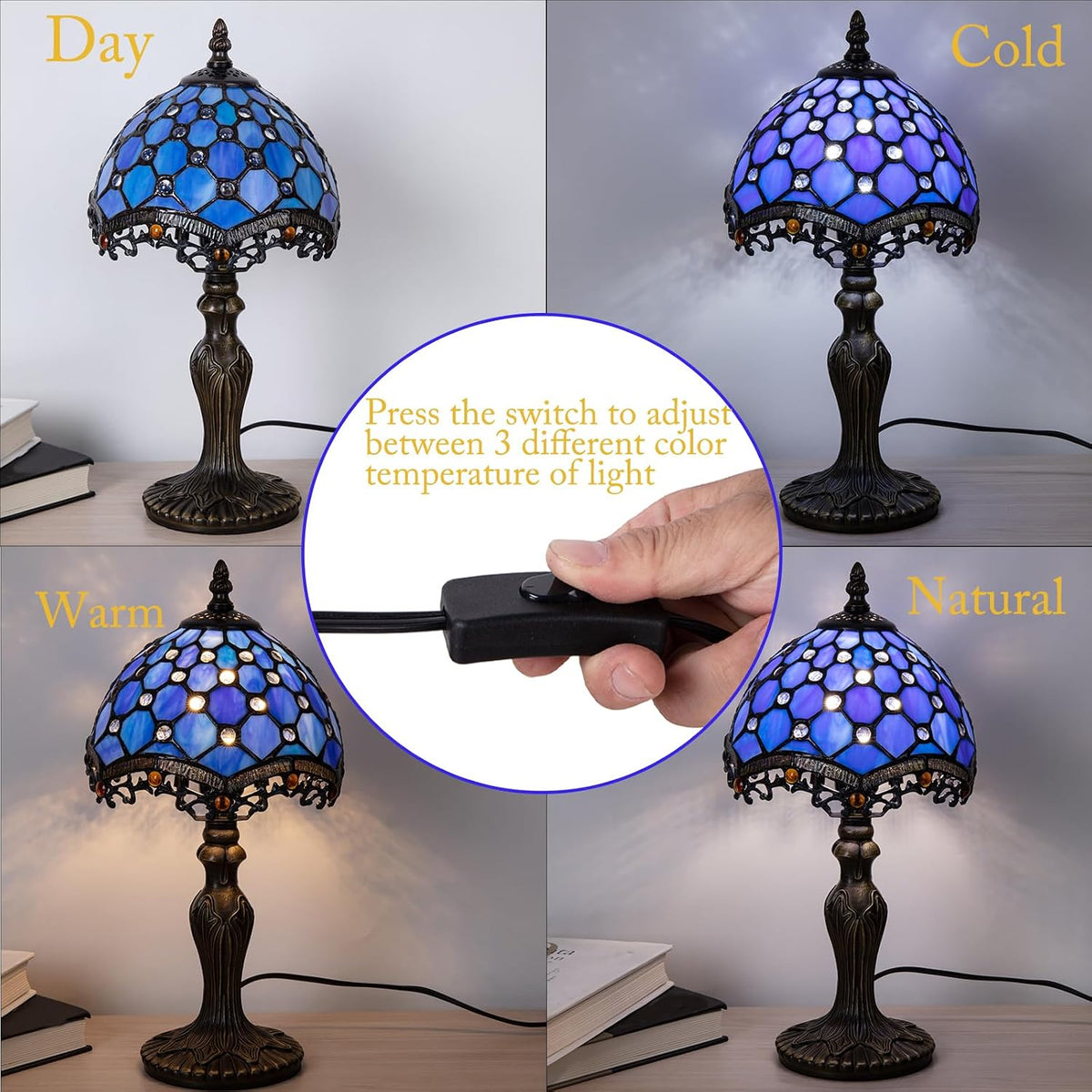 Small Tiffany Style 8 inch Blue Stained Glass Table Lamp