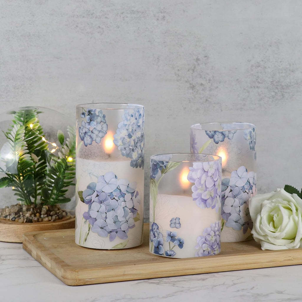 Hydrangea Glass Flameless Candles Batttery Operated Remote Timer